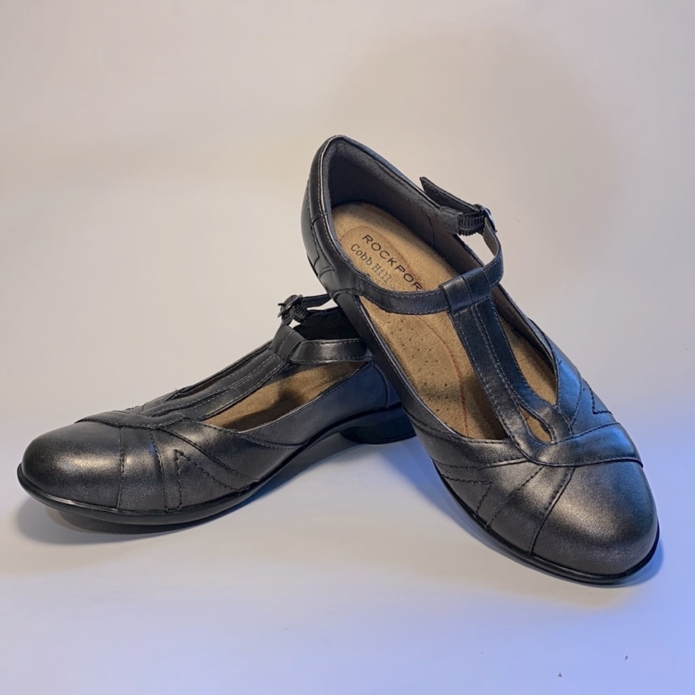 Rockport Cobb Hill Angelina Gray Silver Metallic T Strap Mary Janes 6.5